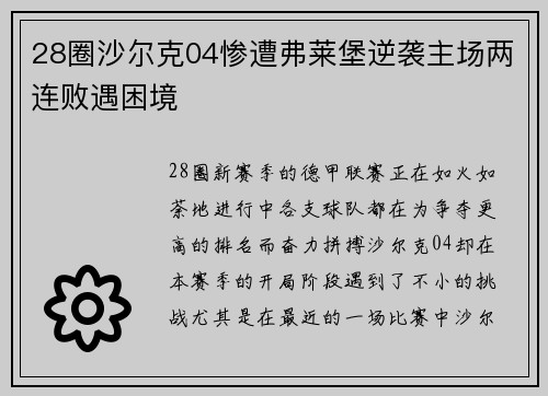 28圈沙尔克04惨遭弗莱堡逆袭主场两连败遇困境