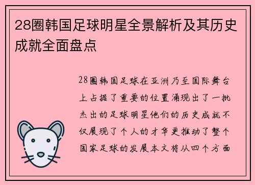 28圈韩国足球明星全景解析及其历史成就全面盘点